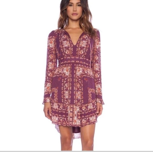 Free People Dresses & Skirts - Free People Bridgette Purple Floral Print Long Sleeve Mini Dress Size L Bohemian